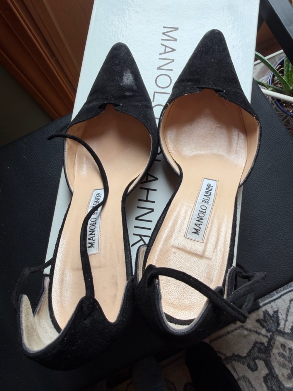Manolo Blahnik Black Suede Pointed D'Orsay Flats with Ankle Ties